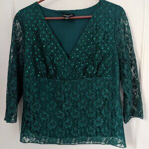 BIYAYCDA Womans Top Large Teal Sheer Lace Overlay Rhinestones Romantic Y2K